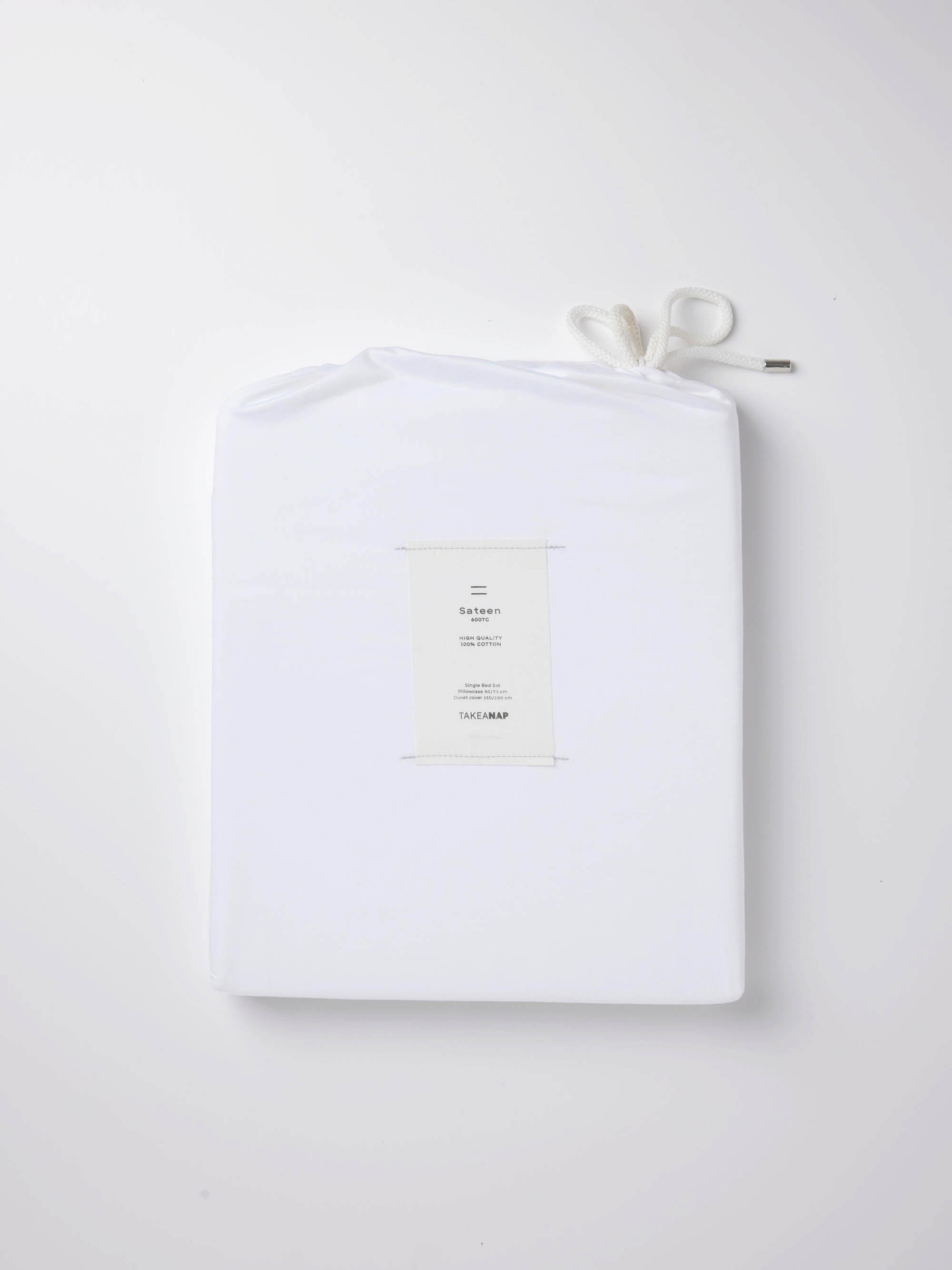 600 TC Cotton Sateen Duvet Cover Set – White with Double Embroidered Trim - Sky