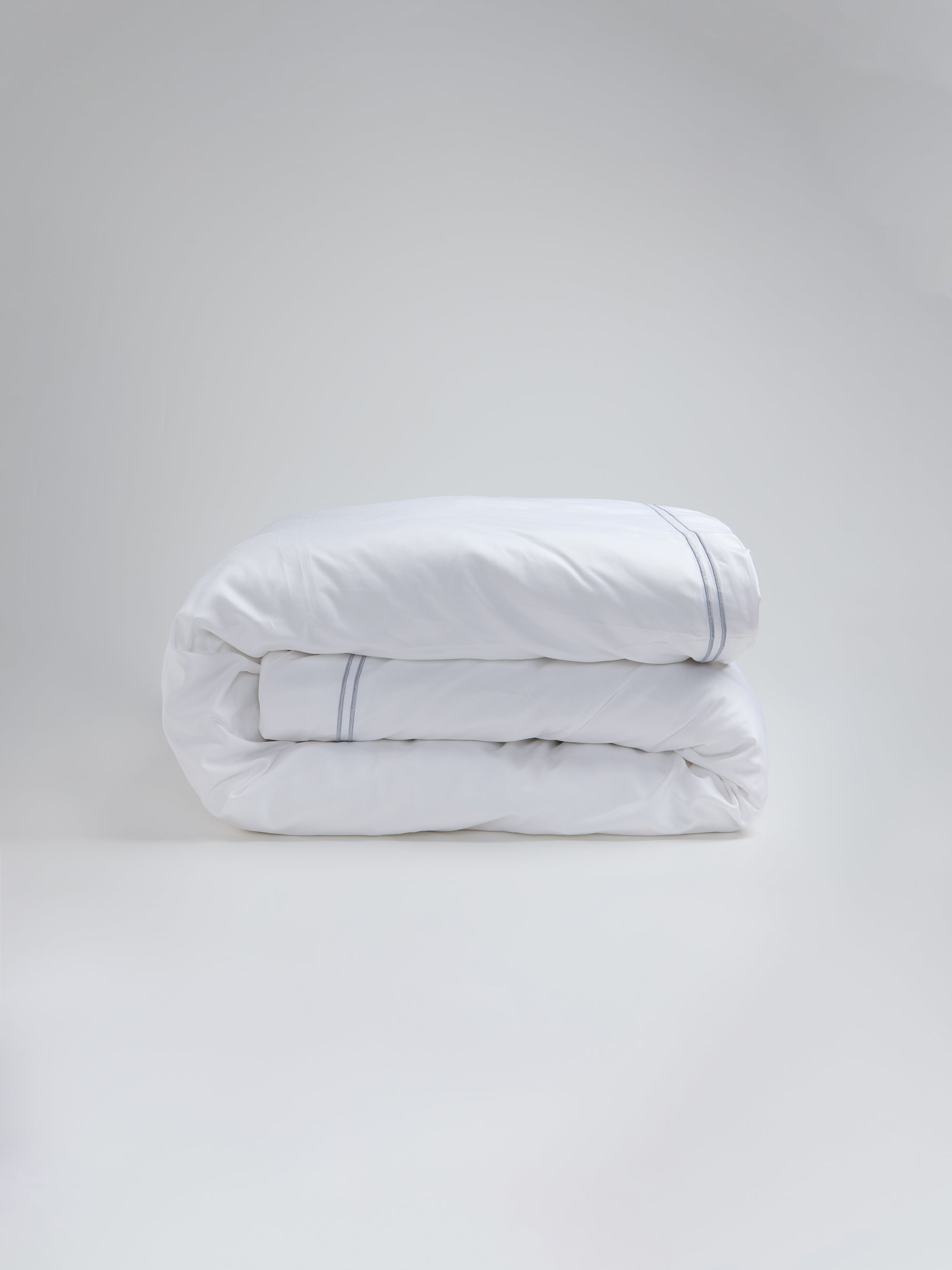 600 TC Cotton Sateen Duvet Cover Set – White with Double Embroidered Trim - Sky